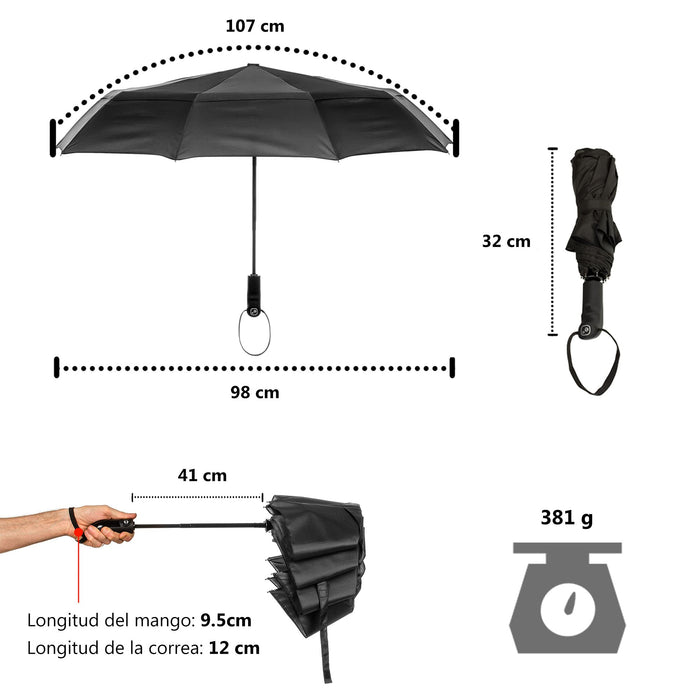 Ergonauts, paraguas de viaje de doble cubierta a prueba de viento, negro