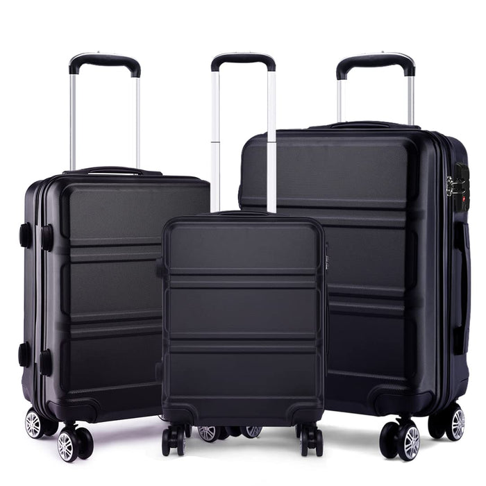 Kono, juego de maletas de viaje rígidas ABS 3 piezas trolley con 4 ruedas y cerradura de combinación (Cabina/Mediana/Grande, Negro)