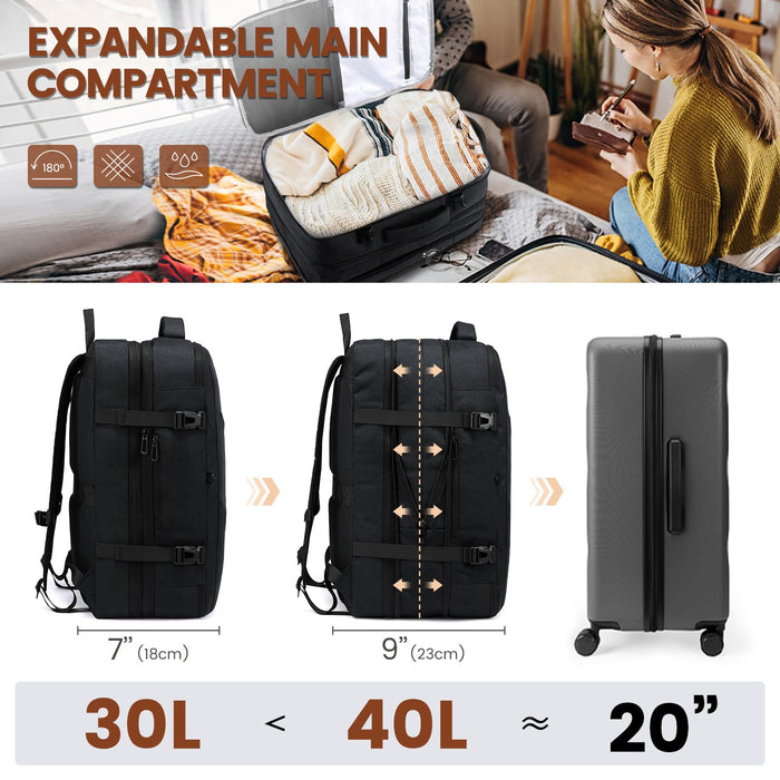 LOVEVOOK 30-40L Handgepäck Rucksack, Supergroßer erweiterbar Reiserucksack Flugzeug, Laptop Rucksack für 17 Zoll Herren Damen, Flug genehmigt Rucksack Anti-Diebstahl, Schwarz