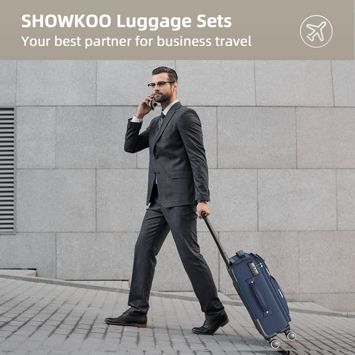 SHOWKOO, juego de maletas de viaje blandas 3 piezas ampliables trolley (M, L, XL- Azul)