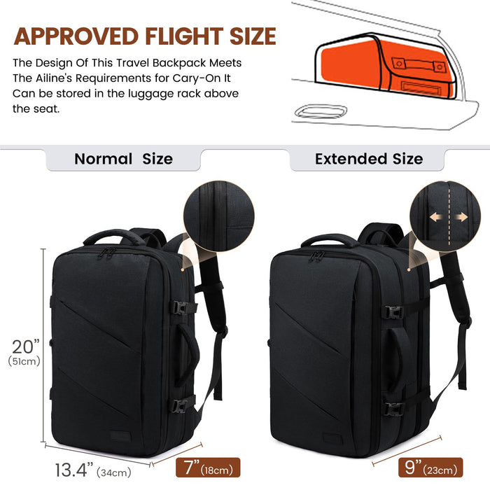 LOVEVOOK 30-40L Handgepäck Rucksack, Supergroßer erweiterbar Reiserucksack Flugzeug, Laptop Rucksack für 17 Zoll Herren Damen, Flug genehmigt Rucksack Anti-Diebstahl, Schwarz