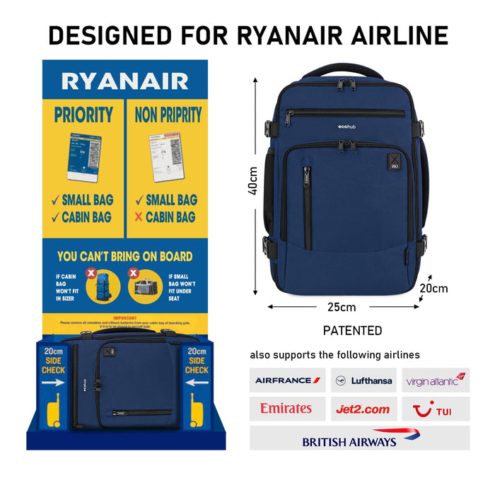 ECOHUB, 20L, Sac 40x20x25 Ryanair, Cabine Avion, Bleu