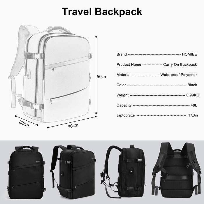 HOMIEE, 40L, Travel Backpack Large, Unisex, Black