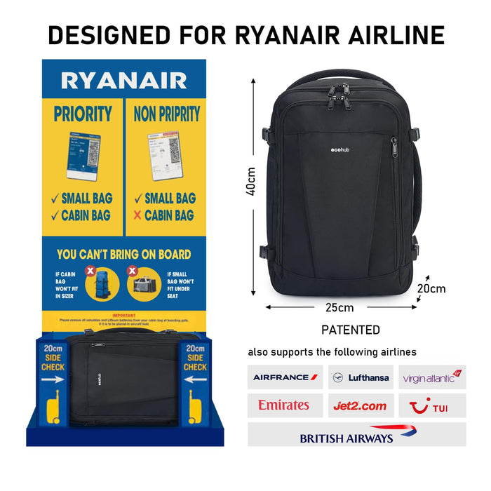 ECOHUB, 20L, Sac 40x20x25 Ryanair, Cabine Avion, Noir