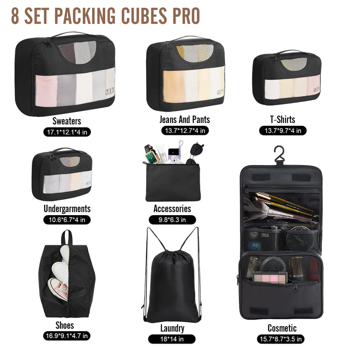 Veken Packing Cubes Set, 4 Sizes (X-Large, Large, Medium, Small), Black