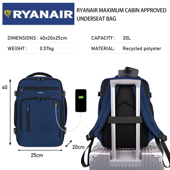 ECOHUB, 20L, Sac 40x20x25 Ryanair, Cabine Avion, Bleu