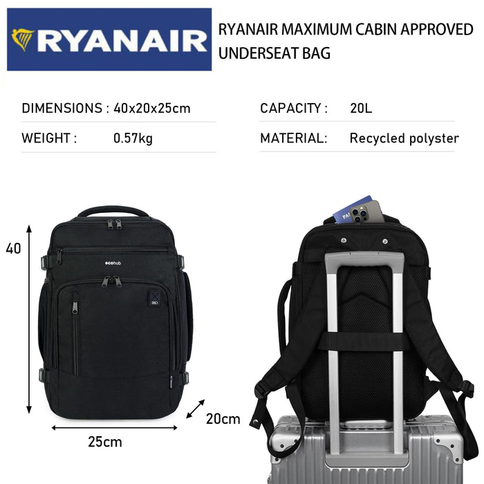 ECOHUB Rucksack 40x20x25 für Ryanair Flugzeug Reiserucksack Handgepäck Gepäck Laptop Daypacks PET-Recycelte Umweltfreundliche Backpack Wasserdichter Unter Sitzplatz 20L Damen Klein,Patentiert(Schwarz)