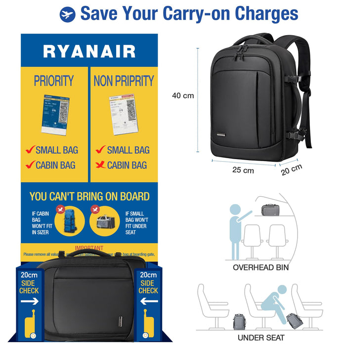 Lekespring, Zaino Ryanair 40x25x20, 20L, Zaino da Viaggio Aereo, Nero