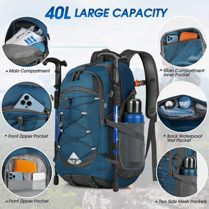 IGOLUMON Wanderrucksack Herren Damen 40L Wasserdichter Rucksack Leicht Faltbarer Reiserucksack Trekkingrucksack mit Reflexstreifen Für Radfahren, Klettern, Bergsteigen und Reisen Sport,Blau