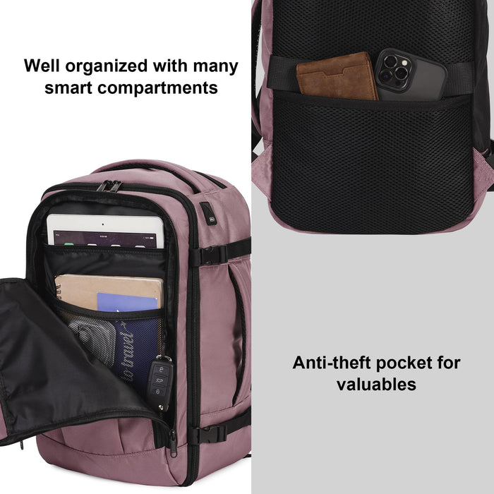 ECOHUB Rucksack 40x20x25 Ryanair Handgepäck 13 Taschen Reiserucksack Flugzeug Carry-ons Wasserdichter Rucksack Damen Klein PET-Recycelte Umweltfreundliche 20L,Patentiert(Rosa)