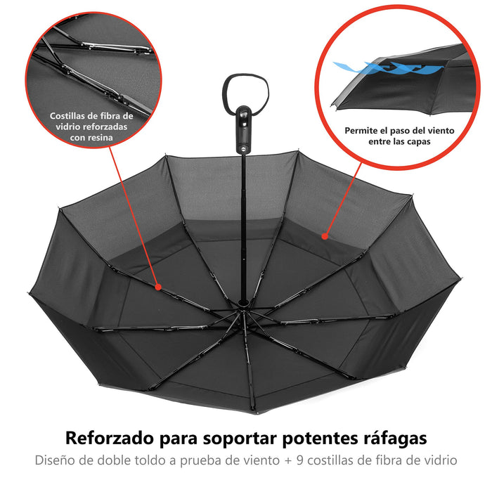 Ergonauts, paraguas de viaje de doble cubierta a prueba de viento, negro