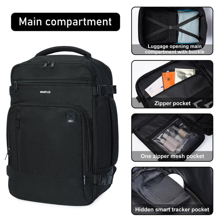 ECOHUB Rucksack 40x20x25 für Ryanair Flugzeug Reiserucksack Handgepäck Gepäck Laptop Daypacks PET-Recycelte Umweltfreundliche Backpack Wasserdichter Unter Sitzplatz 20L Damen Klein,Patentiert(Schwarz)