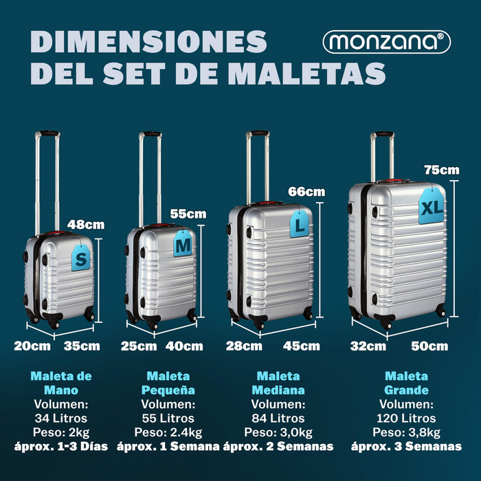 MONZANA, set maletas de viaje, 4 piezas (S-M-L-XL) rígidos, plata