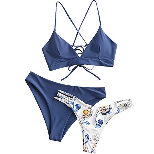 Bikini-Set, Zaful, verstellbarer Blumen-BH und blaue Farbe
