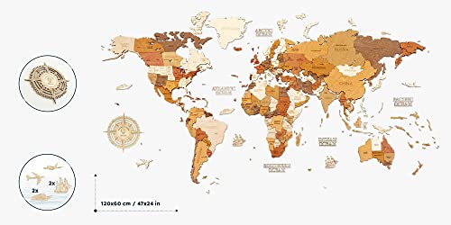 Mapa del mundo de madera para decoración de pared, 120x60 cms