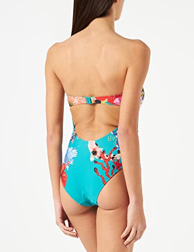 Desigual, turquoise blue women's swimsuit with coral drawings