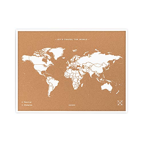 Miss Wood, mapa del mundo de corcho con marco, 45 x 63 cms, blanco