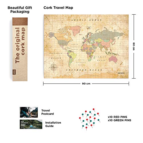 Miss Wood Woody Old School, mapa de corcho, multicolor, 60x90 cms