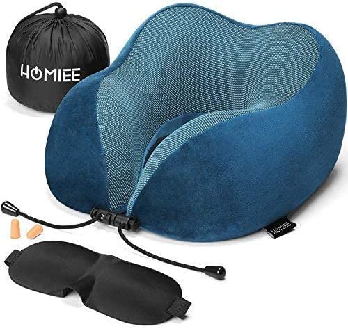 HOMIEE memory foam travel pillow with eye mask and earplugs