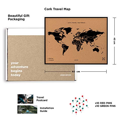 Miss Wood, Framed Cork World Map, 45 x 63cm, Black