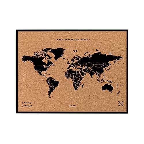 Miss Wood, mapa del mundo de corcho con marco, 45 x 63 cms, negro