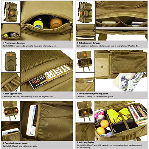 HUNTVP, 60L, Assault Backpack &amp; Military Duffle Bag, Brown