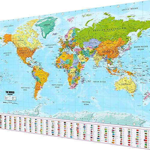 XXL poster of the world map in giant size with flags and banners